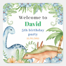 ブルー&グリーン恐竜フローラ誕生日パーティー スクエアシール