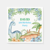 ブルー&グリーン恐竜フローラ誕生日パーティー スタンダードカクテルナプキン (正面)