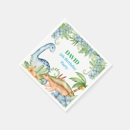 ブルー&グリーン恐竜フローラ誕生日パーティー スタンダードカクテルナプキン (角)