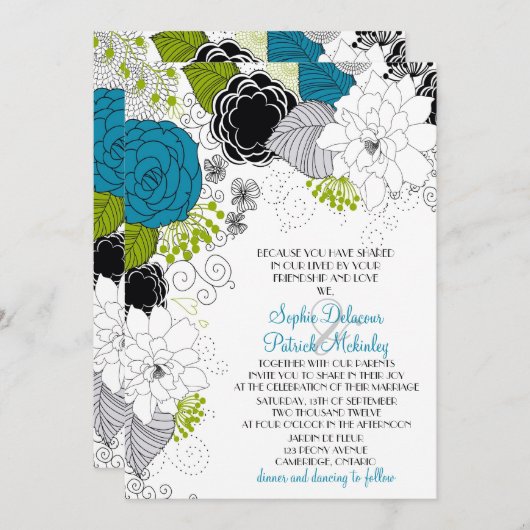 ブルー&グリーン春の花結婚式招待状 招待状 (正面/裏面)