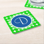 ブルー&グリーン水玉模様モノグラム スクエアペーパーコースター (アングル)