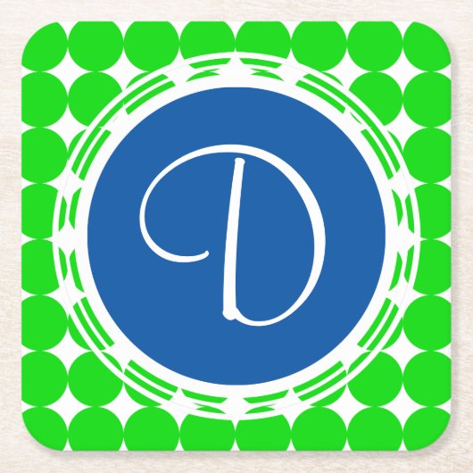 ブルー&グリーン水玉模様モノグラム スクエアペーパーコースター (正面)