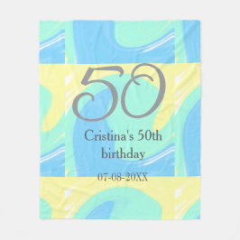 ブルー グリーン グレー 50歳の誕生日 名前と日付を入れて レトロ風 フリースブランケット