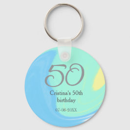 ブルー グリーン グレー 50歳の誕生日 名前と日付を追加 レトロ キーホルダー