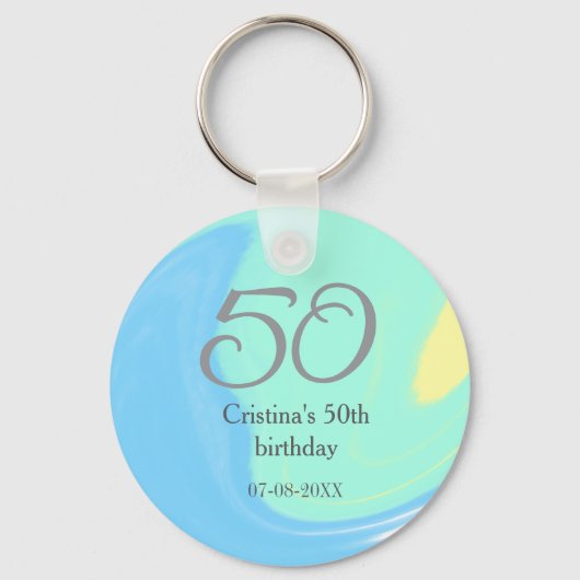 ブルー グリーン グレー 50歳の誕生日 名前と日付を追加 レトロ キーホルダー (正面)