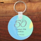 ブルー グリーン グレー 50歳の誕生日 名前と日付を追加 レトロ キーホルダー (正面)