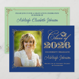 ブルー・グリーン・ゴールド 2026年卒業式フォト 招待状