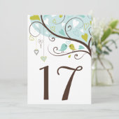 ブルー＆グリーン | ラブバードのテーブルナンバーカード 招待状 (スタンド正面)