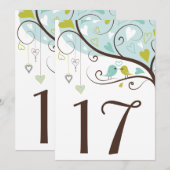 ブルー＆グリーン | ラブバードのテーブルナンバーカード 招待状 (正面/裏面)