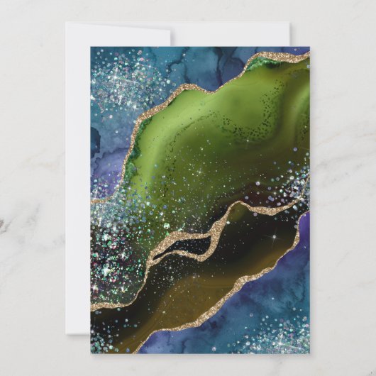 ブルー、グリーン、金ゴールドグリッターアゲートキンセアニェラ 招待状 (裏面)