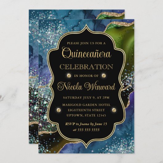 ブルー、グリーン、金ゴールドグリッターアゲートキンセアニェラ 招待状 (正面/裏面)