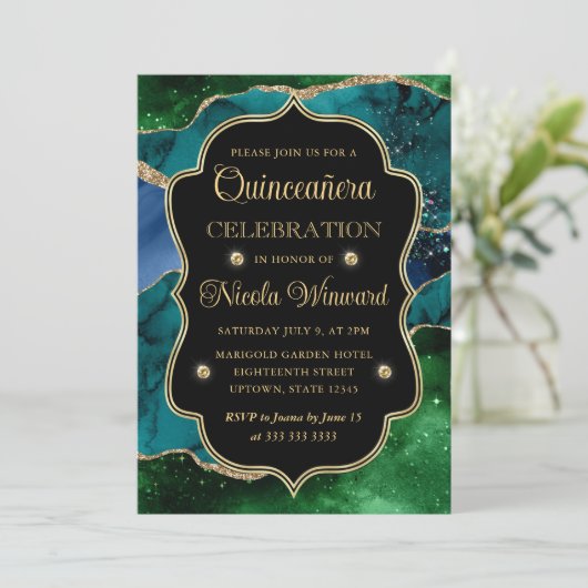 ブルー、グリーン、金ゴールドグリッターアゲートキンセアニェラ 招待状 (スタンド正面)