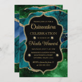 ブルー、グリーン、金ゴールドグリッターアゲートキンセアニェラ 招待状 (正面/裏面)