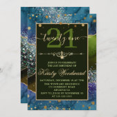 ブルー&グリーン&金ゴールドグリッターアゲート誕生パーティー 招待状 (正面/裏面)