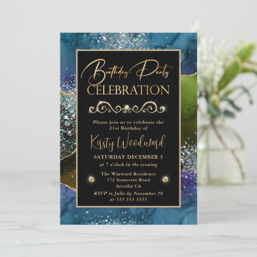 ブルー&グリーン&金ゴールドグリッターアゲート誕生日パーティー 招待状 (スタンド正面)