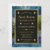ブルー、グリーン、金ゴールドグリッターアゲートSweet sixteen 招待状 (正面)