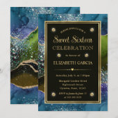 ブルー、グリーン、金ゴールドグリッターアゲートSweet sixteen 招待状 (正面/裏面)