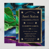 ブルー、グリーン、金ゴールドグリッターアゲートSweet sixteen 招待状 (正面/裏面)