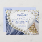 ブルー，グリーン，金ゴールドシルク&アイボリーパール婚約 インビテーションポストカード (正面/裏面)