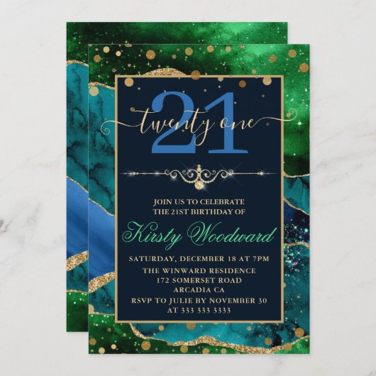 ブルー&グリーン&金ゴールドフェイクグリッターアゲート誕生日 招待状 (正面/裏面)