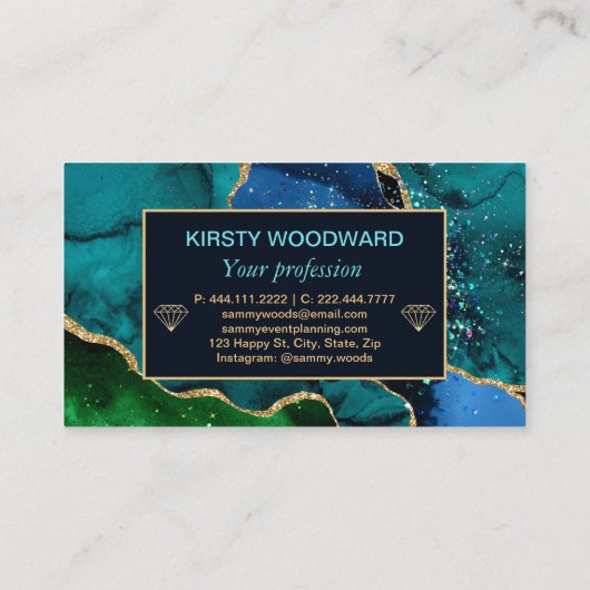 ブルー&グリーン&金ゴールドフェイクグリッターアゲート 名刺 (裏面)