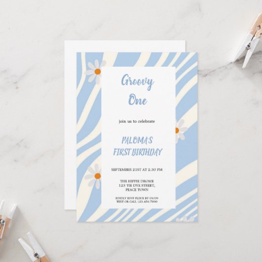 ブルー グルービー バースデー パーティー ご招待 招待状 (正面/裏面インサイチュ)