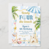 ブルー グルービー レディ フォー ザ ビーチ 4歳 誕生日 招待状 (正面)