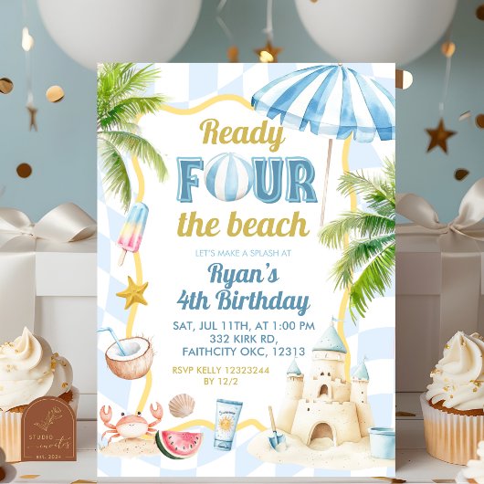 ブルー グルービー レディ フォー ザ ビーチ 4歳 誕生日 招待状