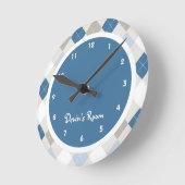 ブルー&グレイアーガイルキッズベッドルーム ラウンド壁時計 (傾斜)