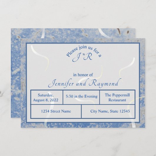 ブルー&グレイ大理石モノグラメドのリハーサルディナー エンクロージャーカード (正面/裏面)
