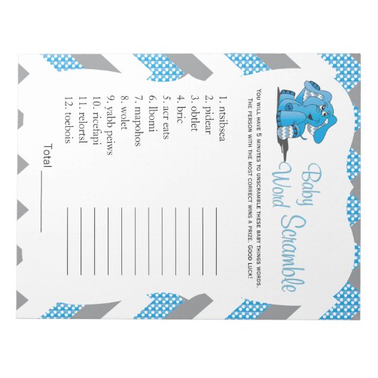 ブルー&グレーシェブロンエレファントベビーワードゲーム2 ノートパッド (正面)