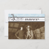 ブルー&グレーファンキースワール結婚式RSVP 出欠カード (正面)