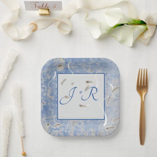 ブルー&グレーマーブルウェディングレセプション紙プレート ペーパープレート (ウェディング)