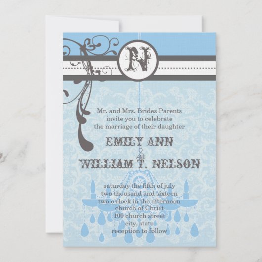 ブルー&グレーヴィンテージシャンデリアダマスクあなたの写真 招待状 (裏面)