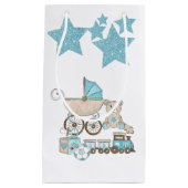 ブルー&グレー男の赤ちゃんテディベアトレインボール スモールペーパーバッグ (正面)