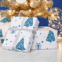ブルー&グレー クリスマスツリーとプレゼント ラッピングペーパー