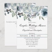 ブルー グレー グリーン エレガント フラワーのカップル ウェディング 招待状 (正面/裏面)