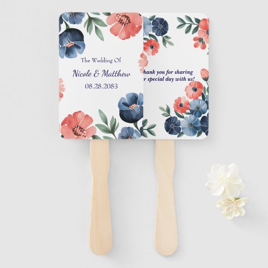 ブルー&コーラルウォーターカラーブーケ結婚ーズ ハンドファン (正面&裏面)