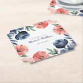 ブルー&コーラルウォーターカラーブーケ結婚ーズ ペーパーコースター (アングル)