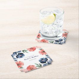 ブルー&コーラルウォーターカラーブーケ結婚ーズ ペーパーコースター