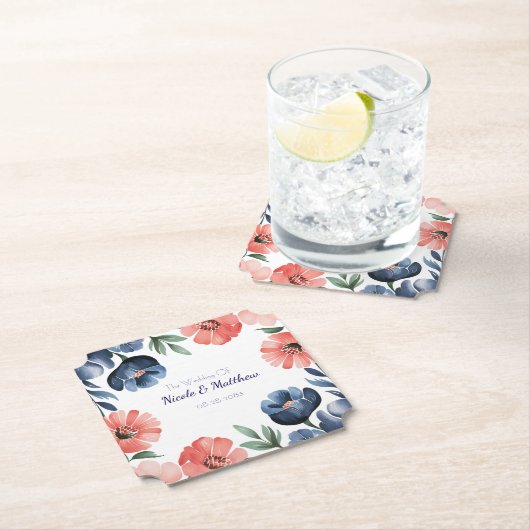 ブルー&コーラルウォーターカラーブーケ結婚ーズ ペーパーコースター (インサイチュ)