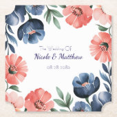 ブルー&コーラルウォーターカラーブーケ結婚ーズ ペーパーコースター (正面)