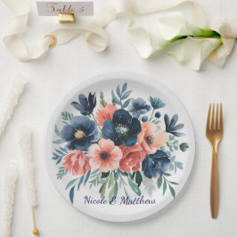 ブルー&コーラルウォーターカラーブーケ結婚ーズ ペーパープレート