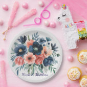 ブルー&コーラルウォーターカラーブーケ結婚ーズ ペーパープレート (パーティー)