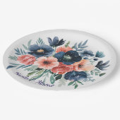 ブルー&コーラルウォーターカラーブーケ結婚ーズ ペーパープレート (アングル)