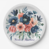 ブルー&コーラルウォーターカラーブーケ結婚ーズ ペーパープレート (正面)