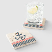 ブルー&コーラルストライプいかりと船舶 ストーンコースター (横)