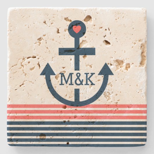 ブルー&コーラルストライプいかりと船舶 ストーンコースター (正面)