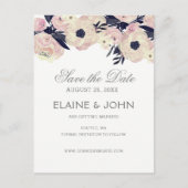 ブルー&コーラルピンクフローラ結婚式の日付を保存 案内ポストカード (正面)