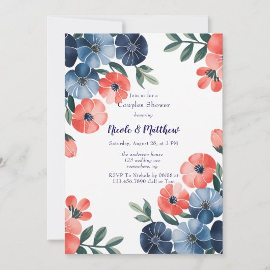 ブルー&コーラルブーケ結婚のカップルのシャワー 招待状 (正面)